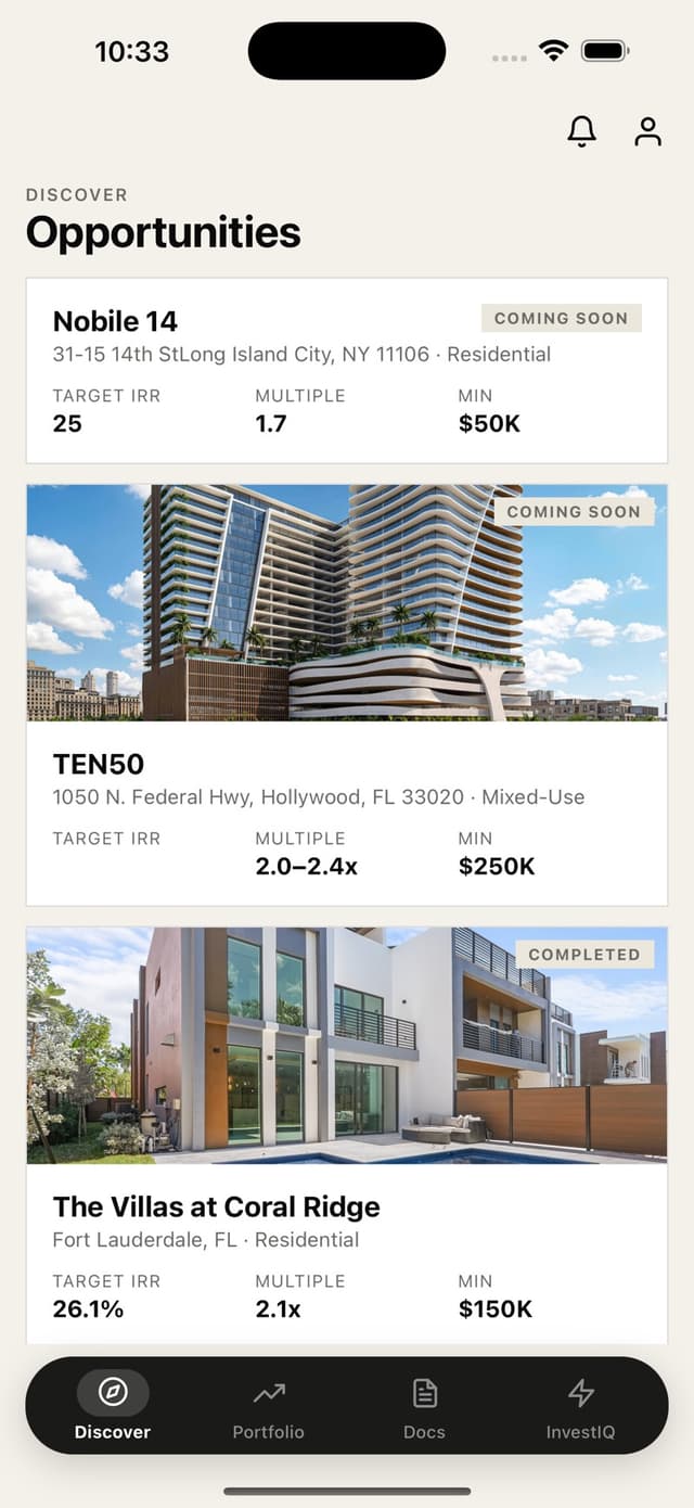 The Discover tab, listing opportunities with target IRR, multiple and minimum