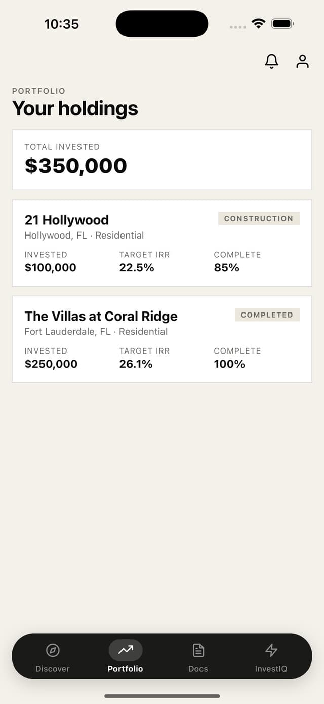 The portfolio tab showing invested capital and performance